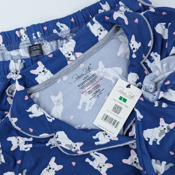 René Rofé French Bulldog Print PJ Set Short Sleeve Top Shorts Navy White L NWT - Picture 12 of 12